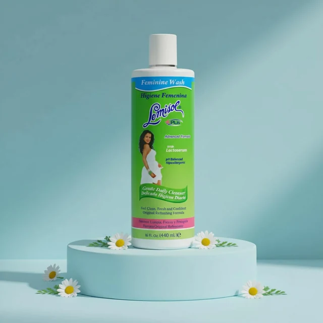 Lemisol Plus Original on a pale blue pedestal with chamomile flowers
